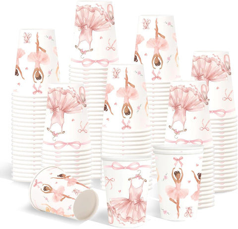 100Pcs Pink Ballerina Paper Drinking Cups 9oz - Ballet Bows Tutu Disposable Hot Cold Cups for Girls Baby Shower Birthday Dance Party - Grencian