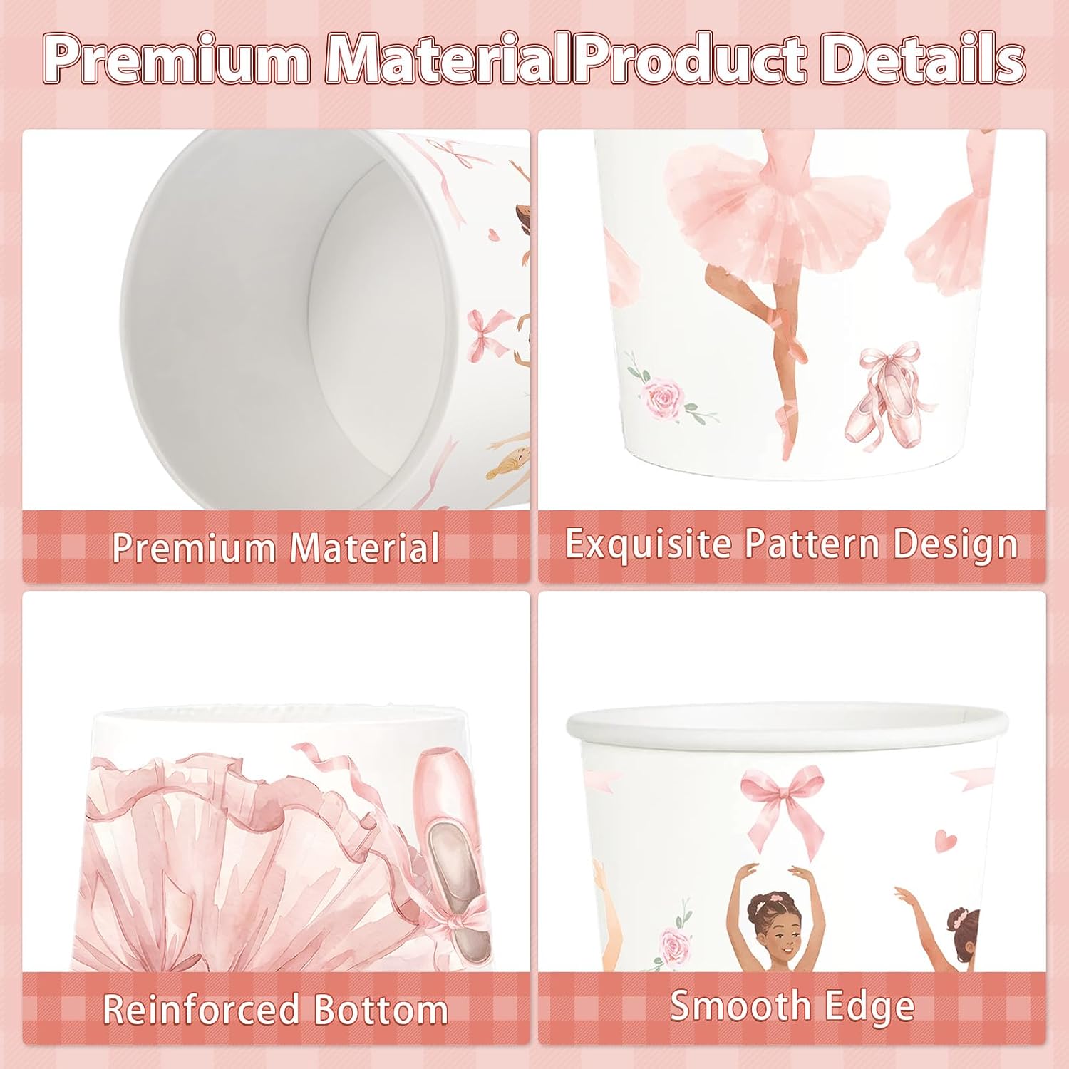 100Pcs Pink Ballerina Paper Drinking Cups 9oz - Ballet Bows Tutu Disposable Hot Cold Cups for Girls Baby Shower Birthday Dance Party - Grencian
