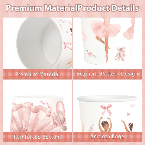 100Pcs Pink Ballerina Paper Drinking Cups 9oz - Ballet Bows Tutu Disposable Hot Cold Cups for Girls Baby Shower Birthday Dance Party - Grencian