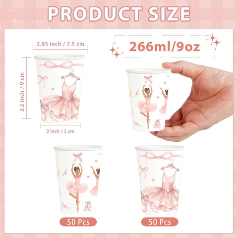 100Pcs Pink Ballerina Paper Drinking Cups 9oz - Ballet Bows Tutu Disposable Hot Cold Cups for Girls Baby Shower Birthday Dance Party - Grencian
