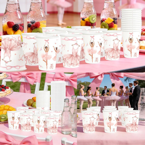 100Pcs Pink Ballerina Paper Drinking Cups 9oz - Ballet Bows Tutu Disposable Hot Cold Cups for Girls Baby Shower Birthday Dance Party - Grencian