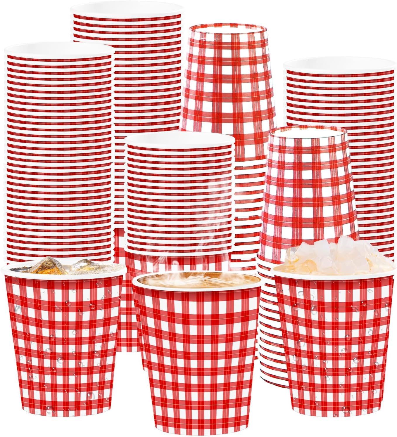 100Pcs Red Gingham Paper Cups 9oz - Red White Checkered Plaid Disposable Hot Cold Drinking Cups for BBQ Picnic Party - Grencian