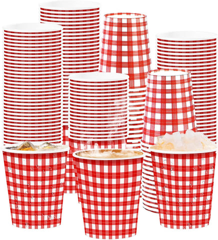 100Pcs Red Gingham Paper Cups 9oz - Red White Checkered Plaid Disposable Hot Cold Drinking Cups for BBQ Picnic Party - Grencian