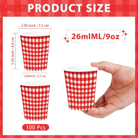 100Pcs Red Gingham Paper Cups 9oz - Red White Checkered Plaid Disposable Hot Cold Drinking Cups for BBQ Picnic Party - Grencian