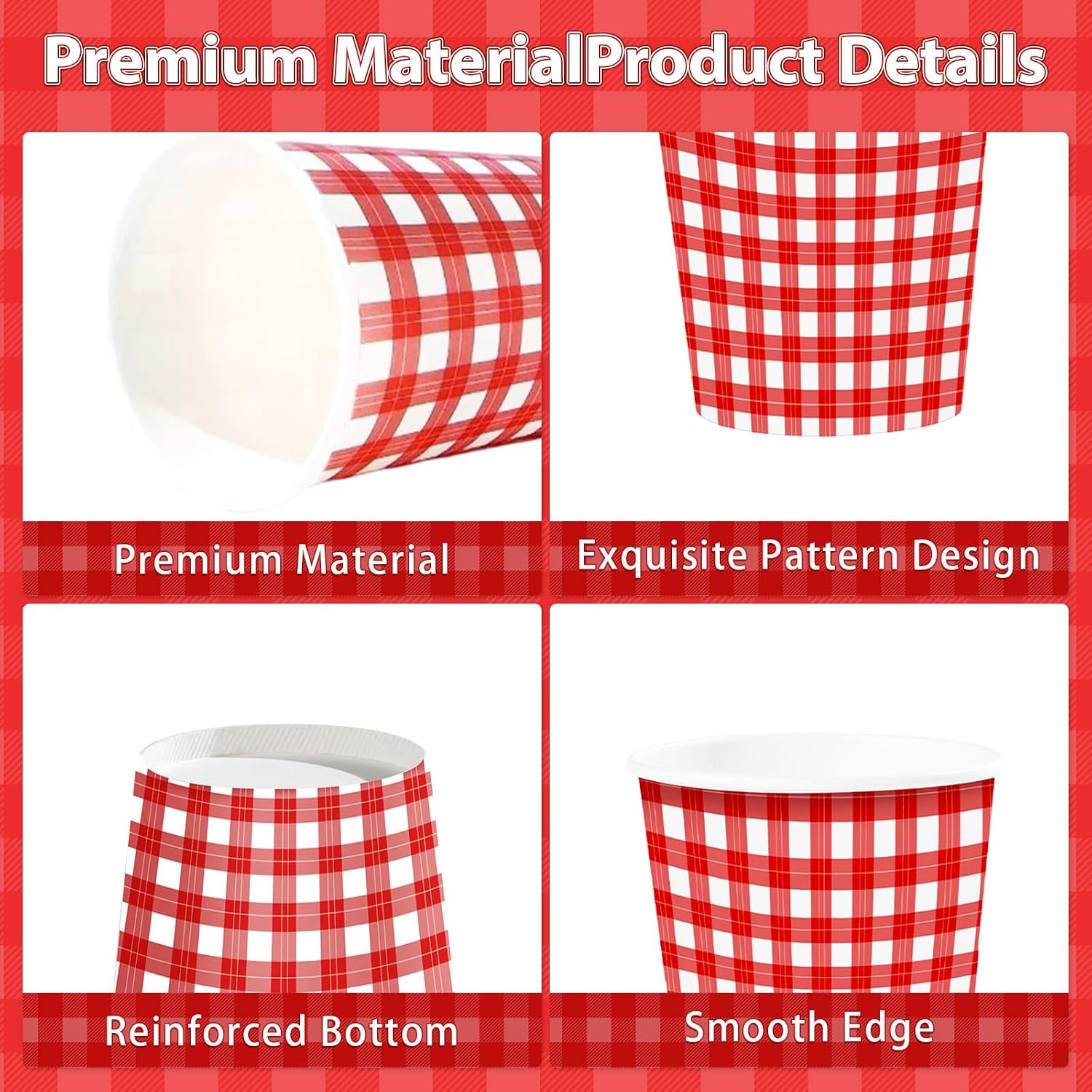 100Pcs Red Gingham Paper Cups 9oz - Red White Checkered Plaid Disposable Hot Cold Drinking Cups for BBQ Picnic Party - Grencian