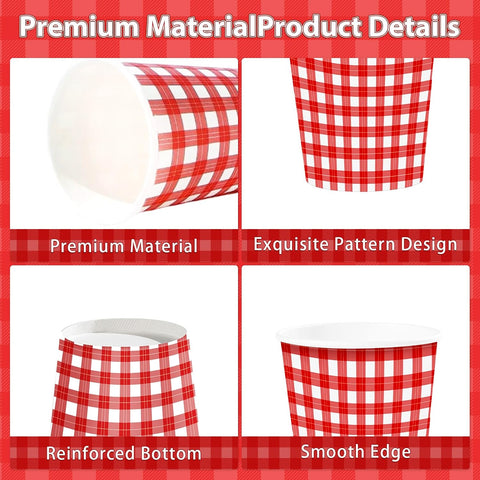 100Pcs Red Gingham Paper Cups 9oz - Red White Checkered Plaid Disposable Hot Cold Drinking Cups for BBQ Picnic Party - Grencian