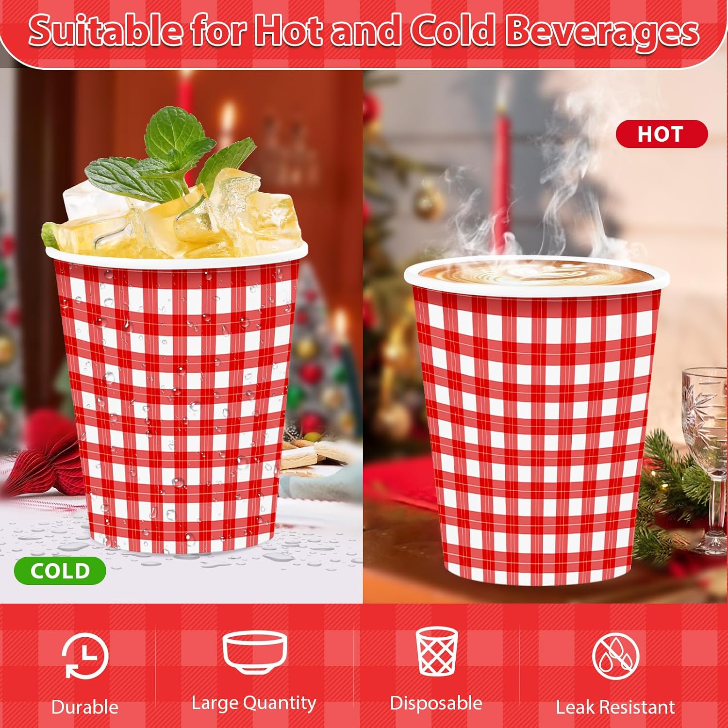 100Pcs Red Gingham Paper Cups 9oz - Red White Checkered Plaid Disposable Hot Cold Drinking Cups for BBQ Picnic Party - Grencian