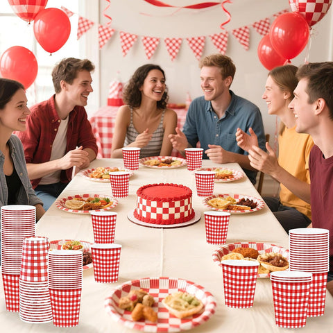 100Pcs Red Gingham Paper Cups 9oz - Red White Checkered Plaid Disposable Hot Cold Drinking Cups for BBQ Picnic Party - Grencian
