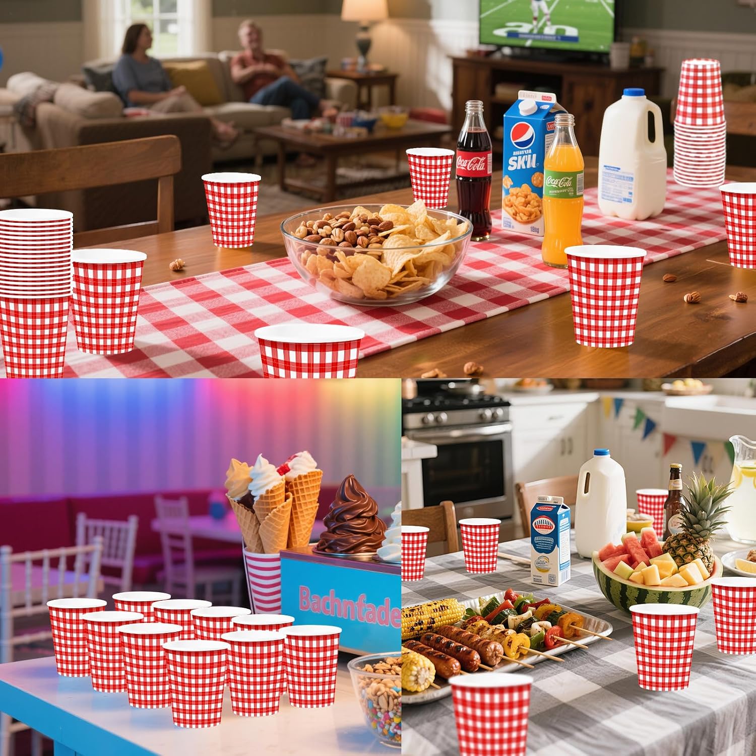 100Pcs Red Gingham Paper Cups 9oz - Red White Checkered Plaid Disposable Hot Cold Drinking Cups for BBQ Picnic Party - Grencian