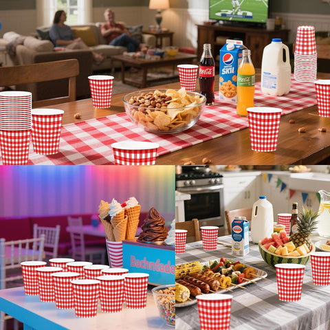 100Pcs Red Gingham Paper Cups 9oz - Red White Checkered Plaid Disposable Hot Cold Drinking Cups for BBQ Picnic Party - Grencian