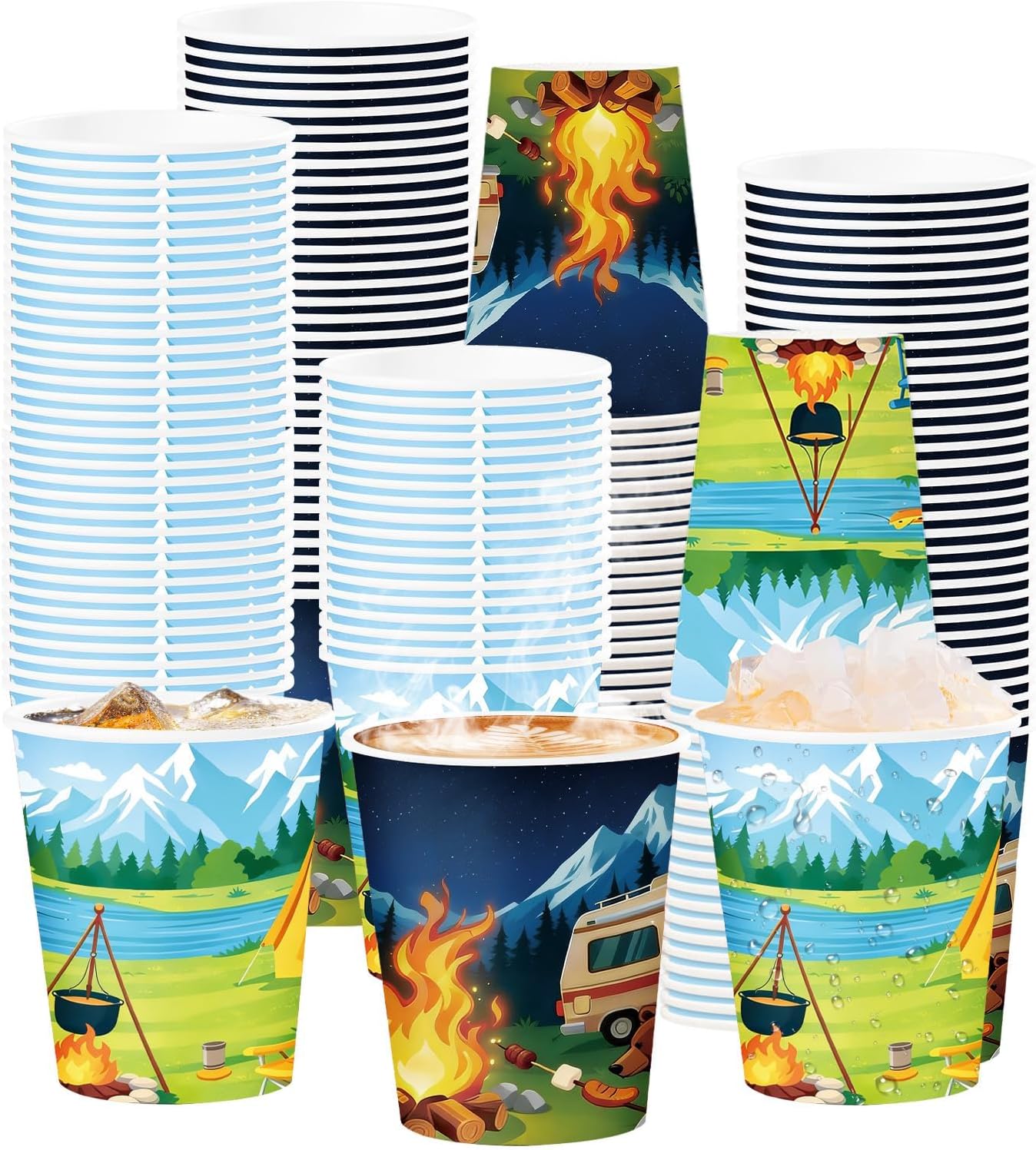 100Pcs Summer Camping Theme Paper Cups 9oz - Camper Outdoor Disposable Hot Cold Drinking Cups for Coffee Tea Beverage Party - Grencian