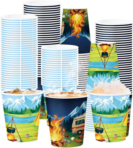 100Pcs Summer Camping Theme Paper Cups 9oz - Camper Outdoor Disposable Hot Cold Drinking Cups for Coffee Tea Beverage Party - Grencian