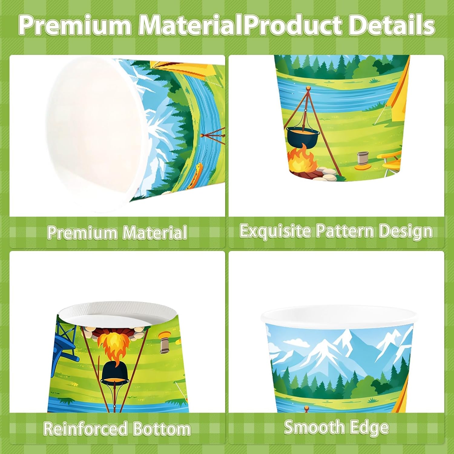 100Pcs Summer Camping Theme Paper Cups 9oz - Camper Outdoor Disposable Hot Cold Drinking Cups for Coffee Tea Beverage Party - Grencian