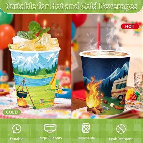 100Pcs Summer Camping Theme Paper Cups 9oz - Camper Outdoor Disposable Hot Cold Drinking Cups for Coffee Tea Beverage Party - Grencian