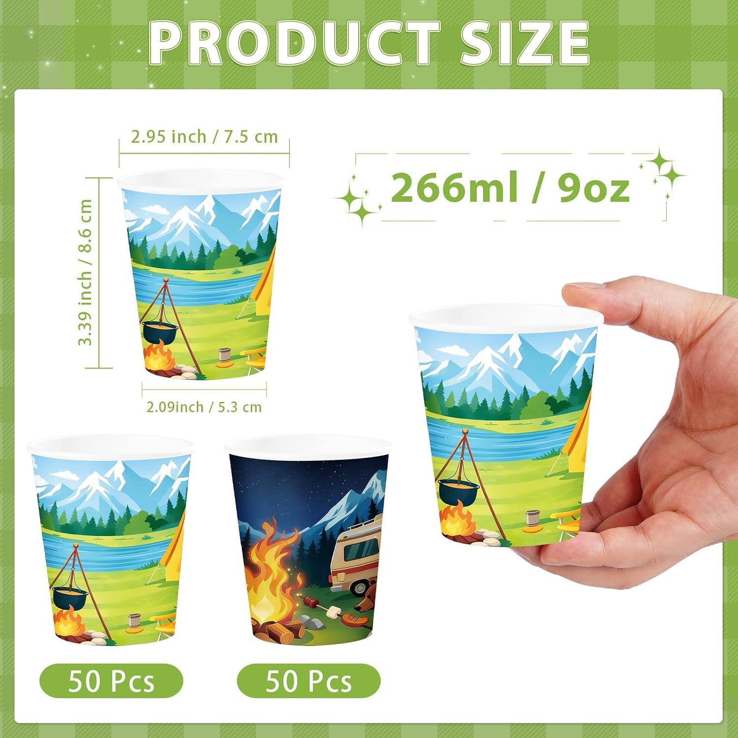 100Pcs Summer Camping Theme Paper Cups 9oz - Camper Outdoor Disposable Hot Cold Drinking Cups for Coffee Tea Beverage Party - Grencian