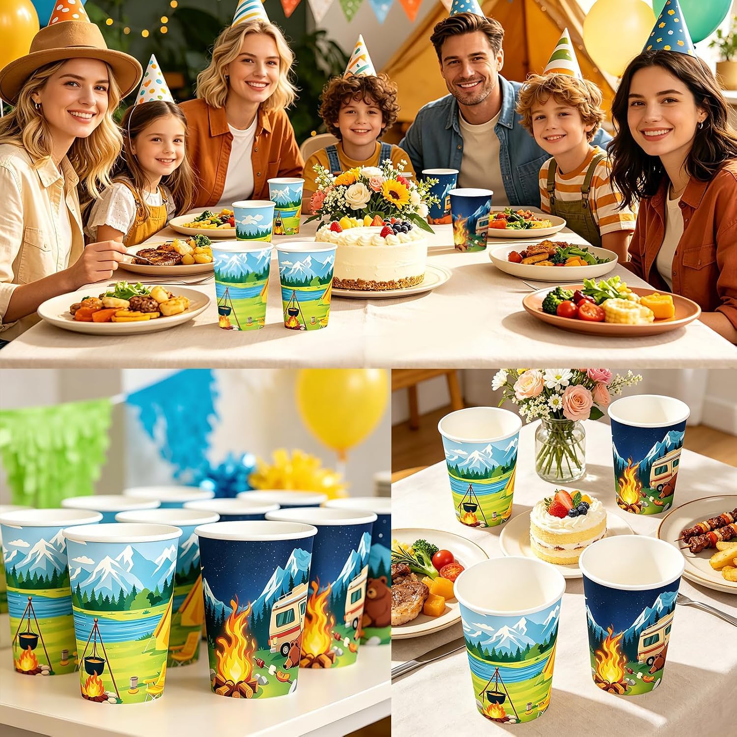 100Pcs Summer Camping Theme Paper Cups 9oz - Camper Outdoor Disposable Hot Cold Drinking Cups for Coffee Tea Beverage Party - Grencian