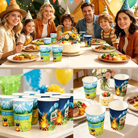 100Pcs Summer Camping Theme Paper Cups 9oz - Camper Outdoor Disposable Hot Cold Drinking Cups for Coffee Tea Beverage Party - Grencian
