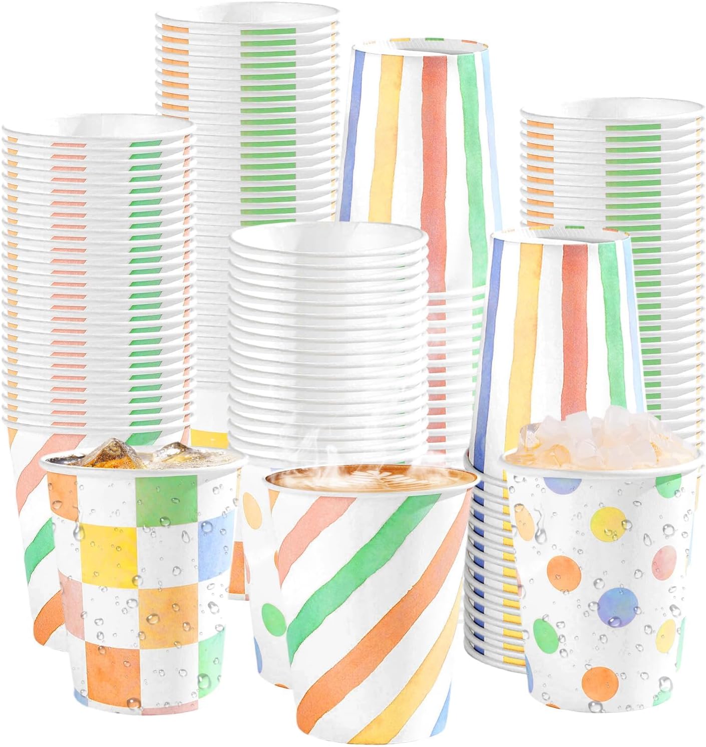 100Pcs Summer Pastel Striped Spotty Paper Cups 9oz - Colorful Gingham Disposable Hot Cold Drinking Cups for Baby Shower Birthday - Grencian