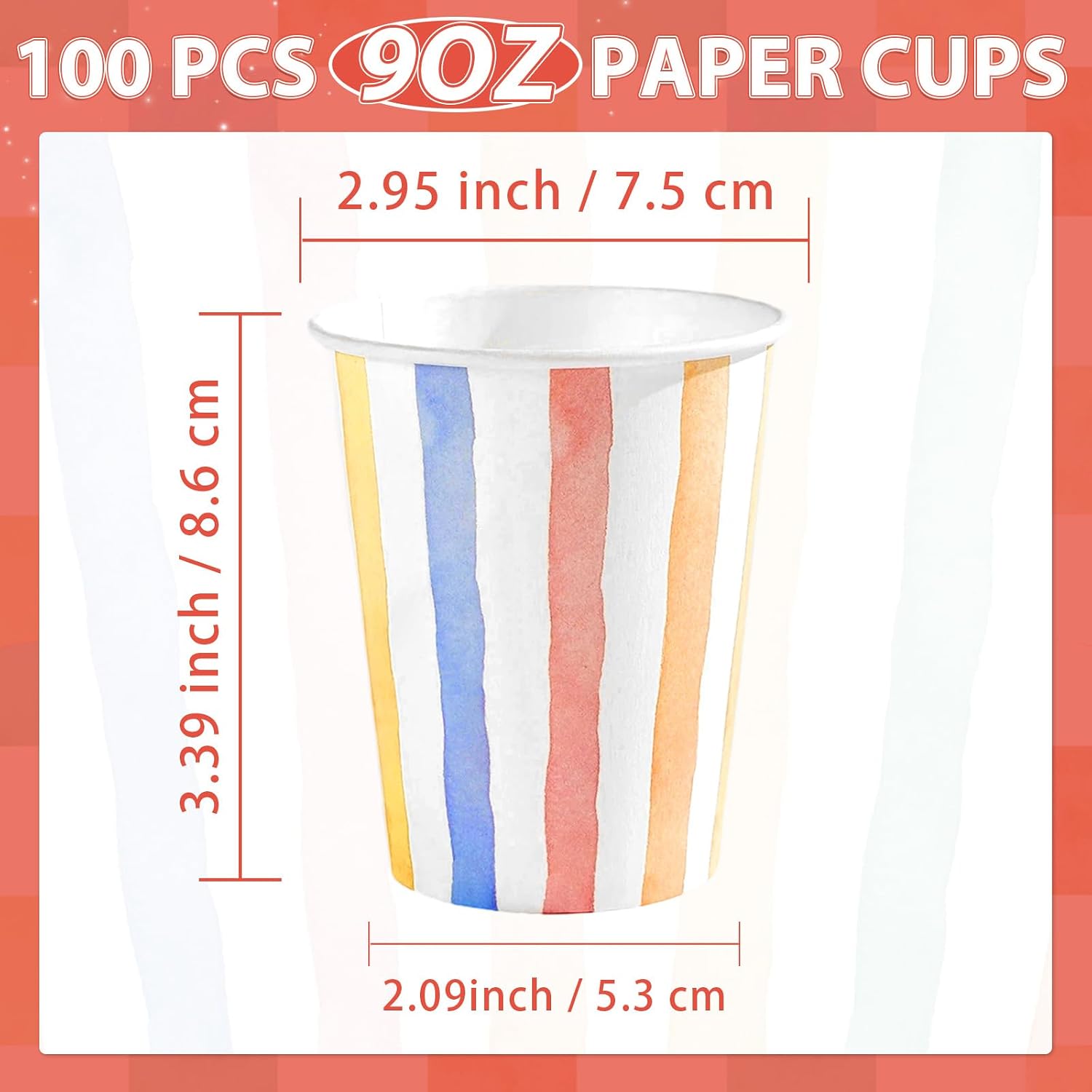 100Pcs Summer Pastel Striped Spotty Paper Cups 9oz - Colorful Gingham Disposable Hot Cold Drinking Cups for Baby Shower Birthday - Grencian