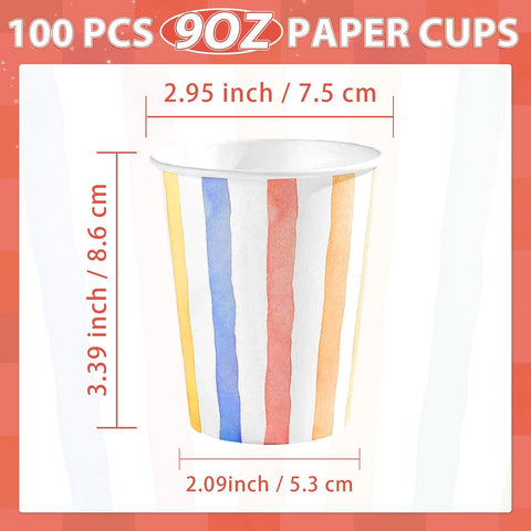100Pcs Summer Pastel Striped Spotty Paper Cups 9oz - Colorful Gingham Disposable Hot Cold Drinking Cups for Baby Shower Birthday - Grencian
