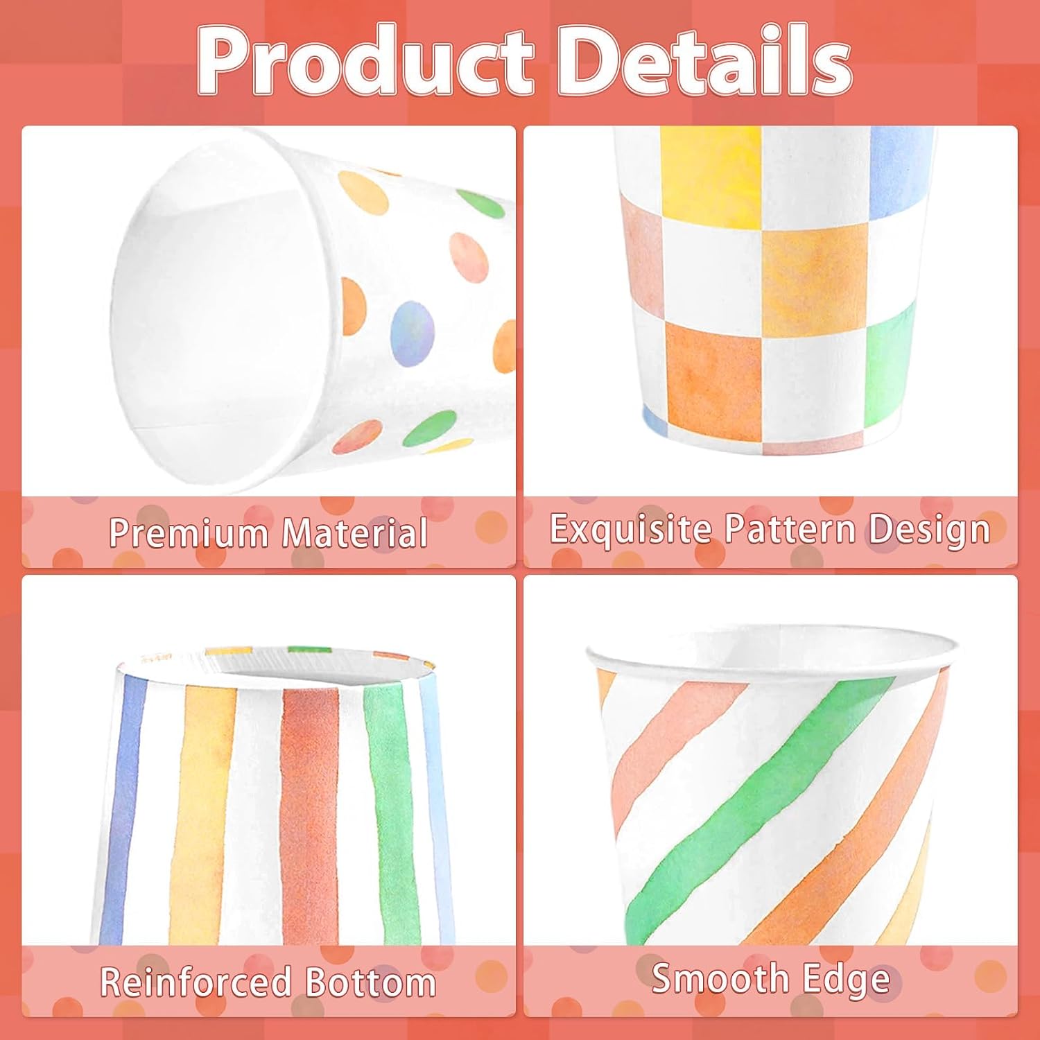 100Pcs Summer Pastel Striped Spotty Paper Cups 9oz - Colorful Gingham Disposable Hot Cold Drinking Cups for Baby Shower Birthday - Grencian