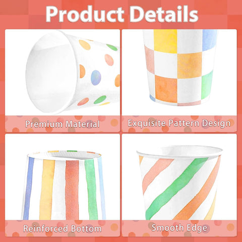 100Pcs Summer Pastel Striped Spotty Paper Cups 9oz - Colorful Gingham Disposable Hot Cold Drinking Cups for Baby Shower Birthday - Grencian
