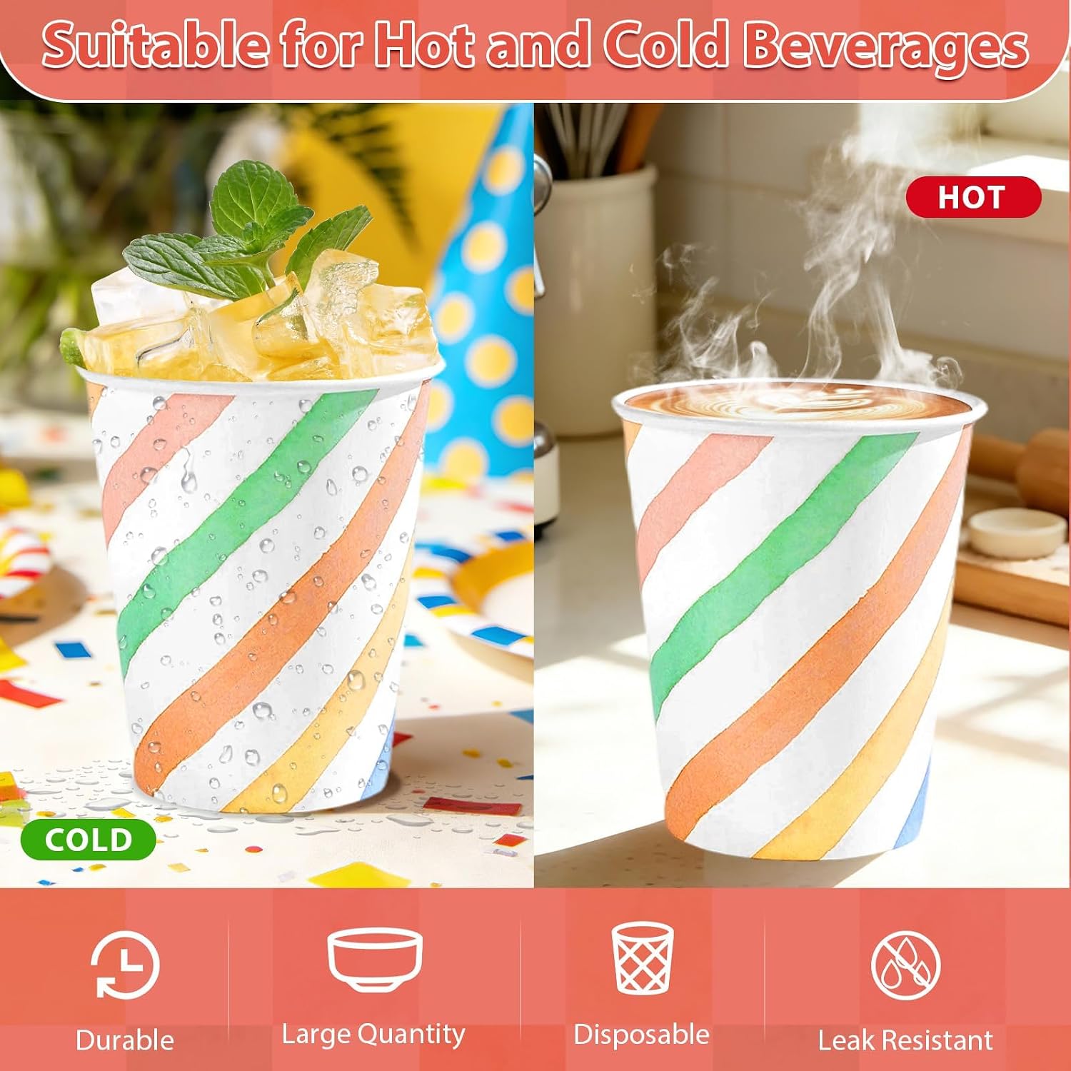100Pcs Summer Pastel Striped Spotty Paper Cups 9oz - Colorful Gingham Disposable Hot Cold Drinking Cups for Baby Shower Birthday - Grencian
