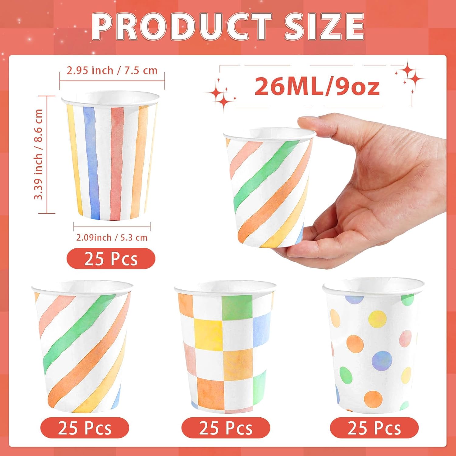 100Pcs Summer Pastel Striped Spotty Paper Cups 9oz - Colorful Gingham Disposable Hot Cold Drinking Cups for Baby Shower Birthday - Grencian