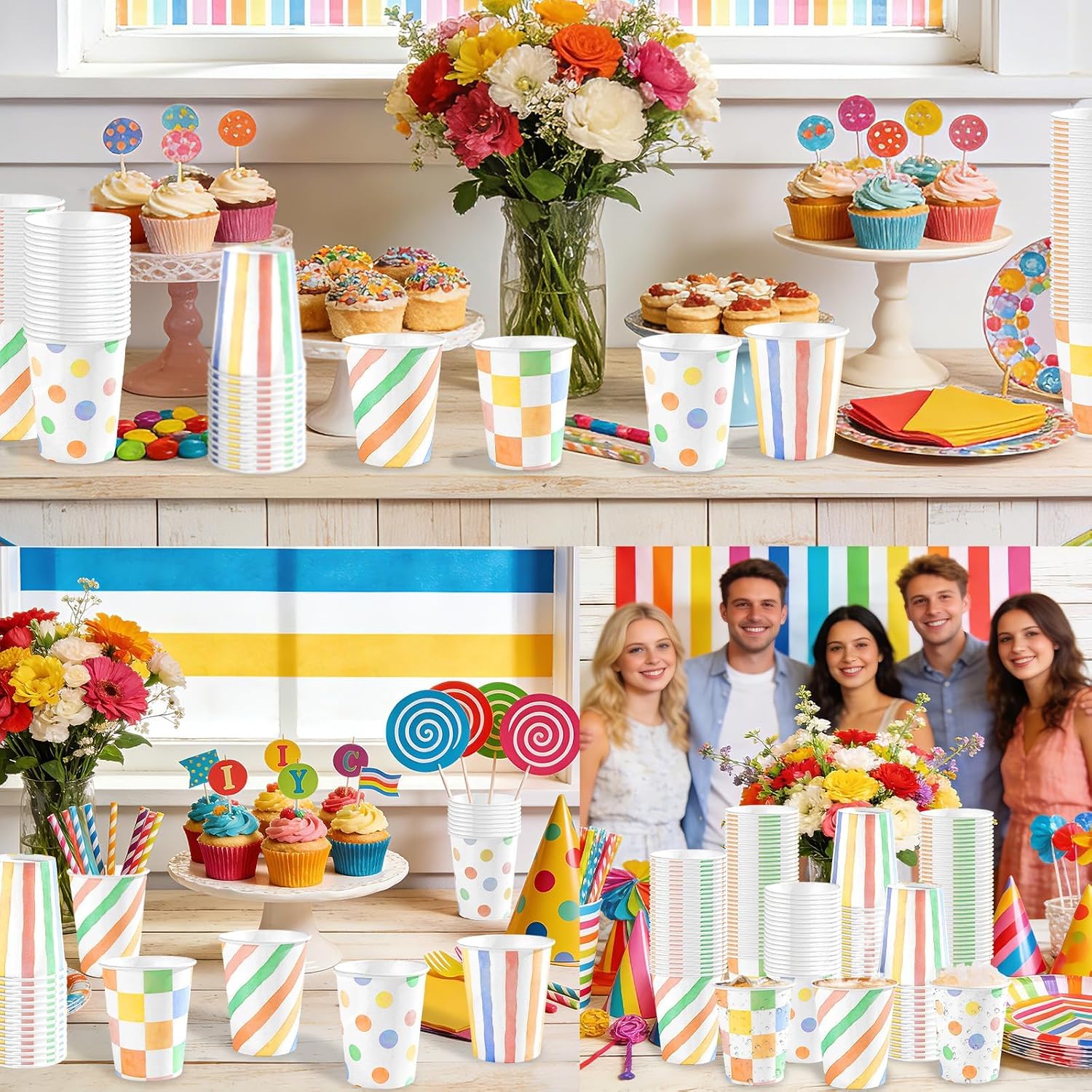 100Pcs Summer Pastel Striped Spotty Paper Cups 9oz - Colorful Gingham Disposable Hot Cold Drinking Cups for Baby Shower Birthday - Grencian