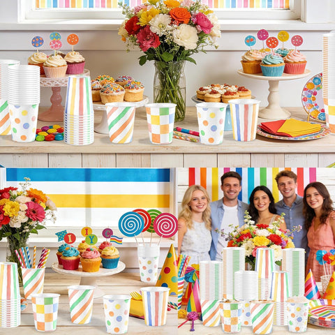 100Pcs Summer Pastel Striped Spotty Paper Cups 9oz - Colorful Gingham Disposable Hot Cold Drinking Cups for Baby Shower Birthday - Grencian