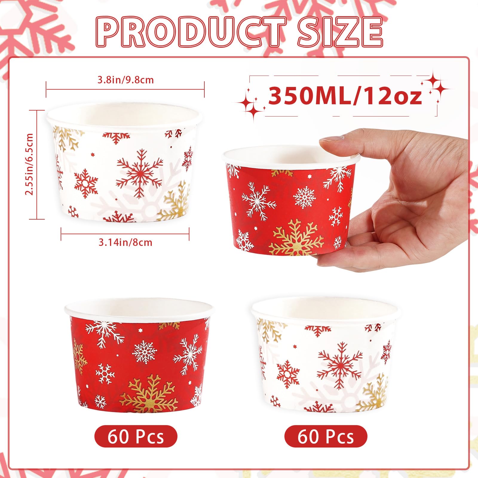 120 Pcs Christmas White Red Snowflake Snack Cups - Grencian