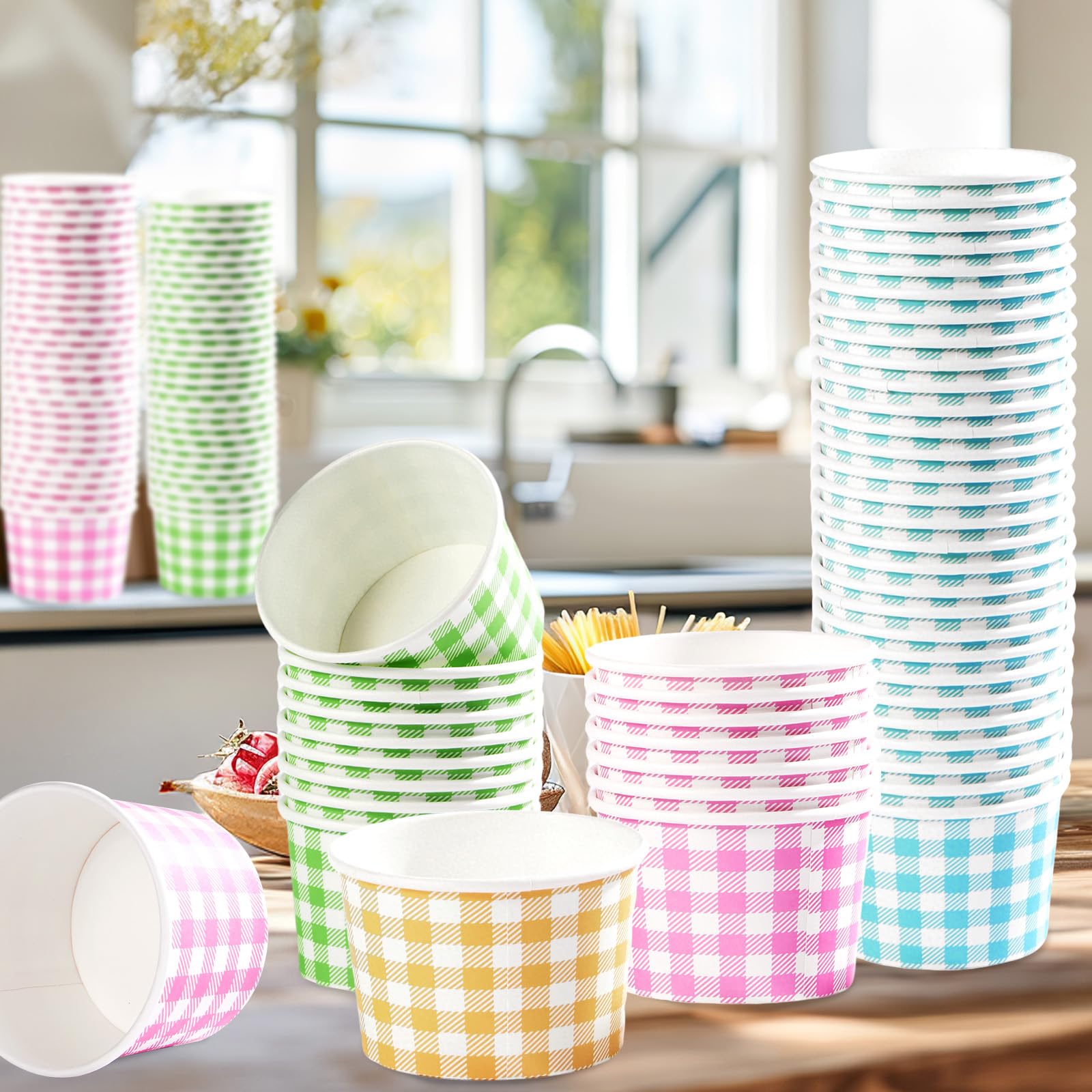 120 Pcs Ice Cream Snack Cup Pink Blue Yellow Green Plaid - Grencian