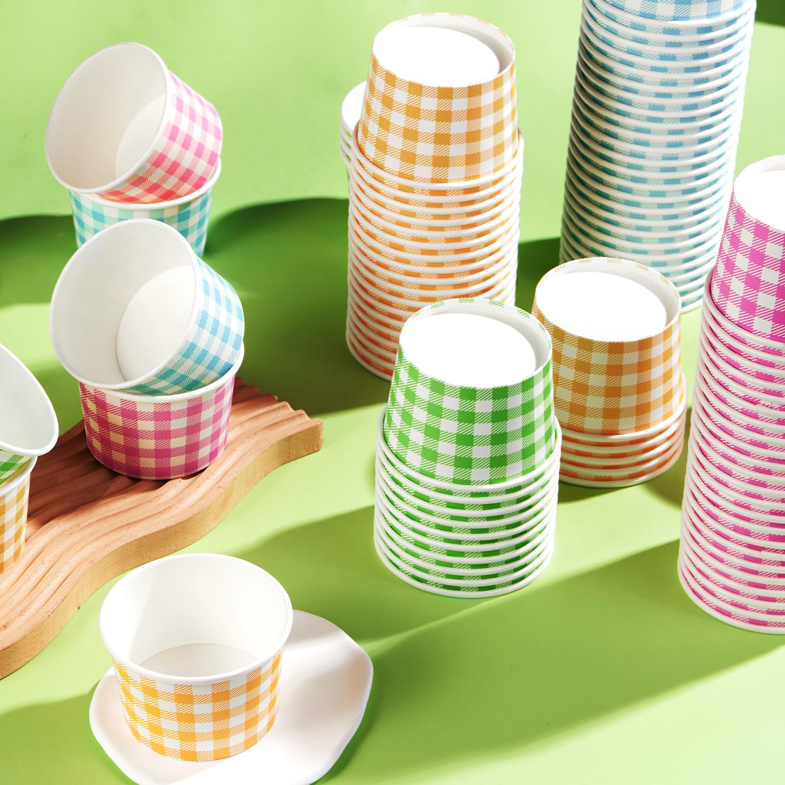 120 Pcs Ice Cream Snack Cup Pink Blue Yellow Green Plaid - Grencian