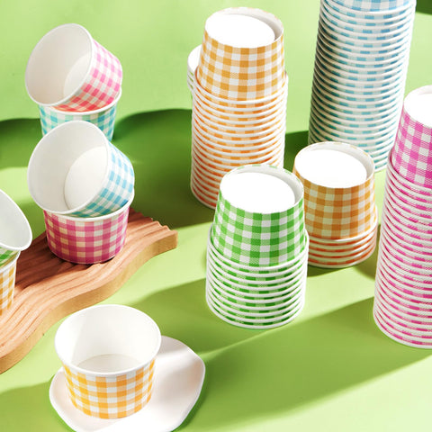 120 Pcs Ice Cream Snack Cup Pink Blue Yellow Green Plaid - Grencian