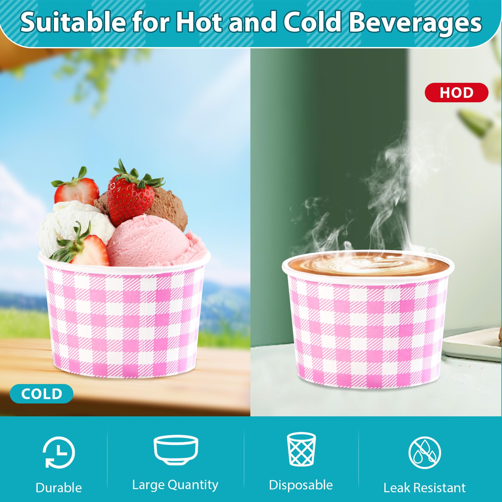120 Pcs Ice Cream Snack Cup Pink Blue Yellow Green Plaid - Grencian