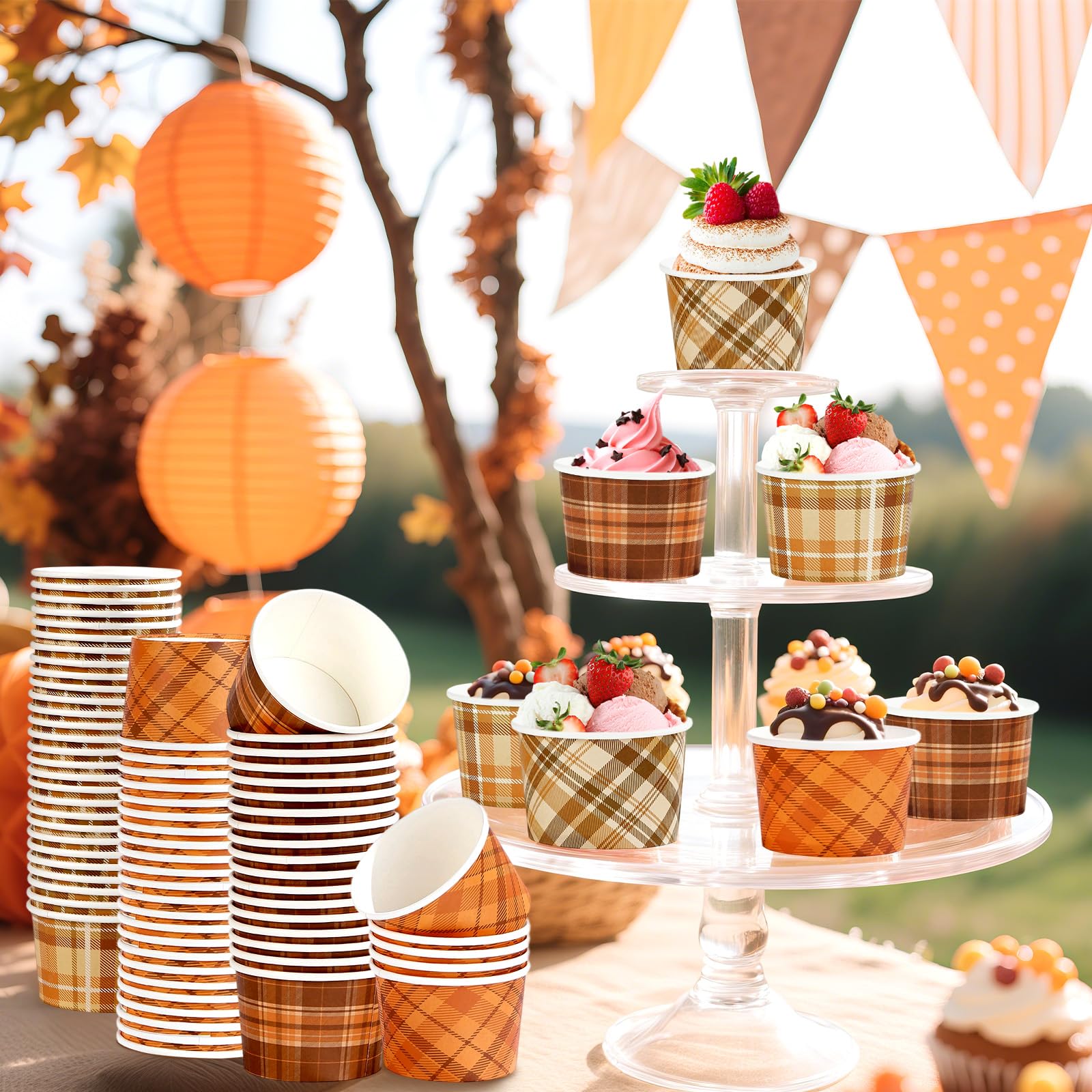 120 Pcs Orange Brown Gingham Ice Cream Snack Cup - Grencian