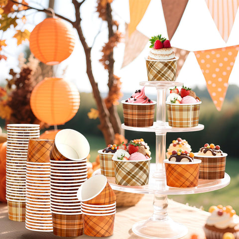 120 Pcs Orange Brown Gingham Ice Cream Snack Cup - Grencian
