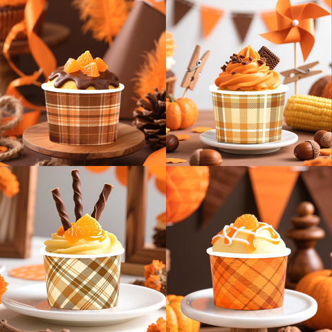 120 Pcs Orange Brown Gingham Ice Cream Snack Cup - Grencian
