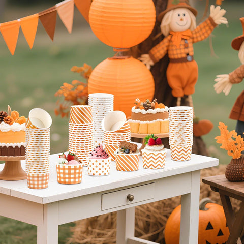 120 Pcs Orange Gingham Polka Dot Ice Cream Snack Cup - Grencian