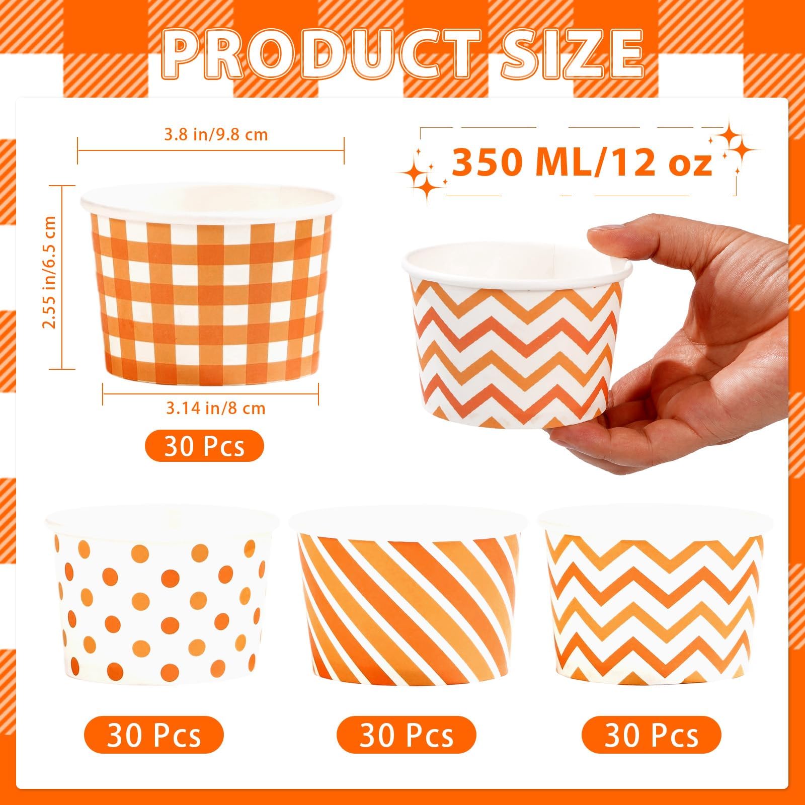 120 Pcs Orange Gingham Polka Dot Ice Cream Snack Cup - Grencian