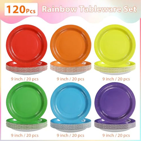 120 Pcs Rainbow Colorful Party Plates - Grencian