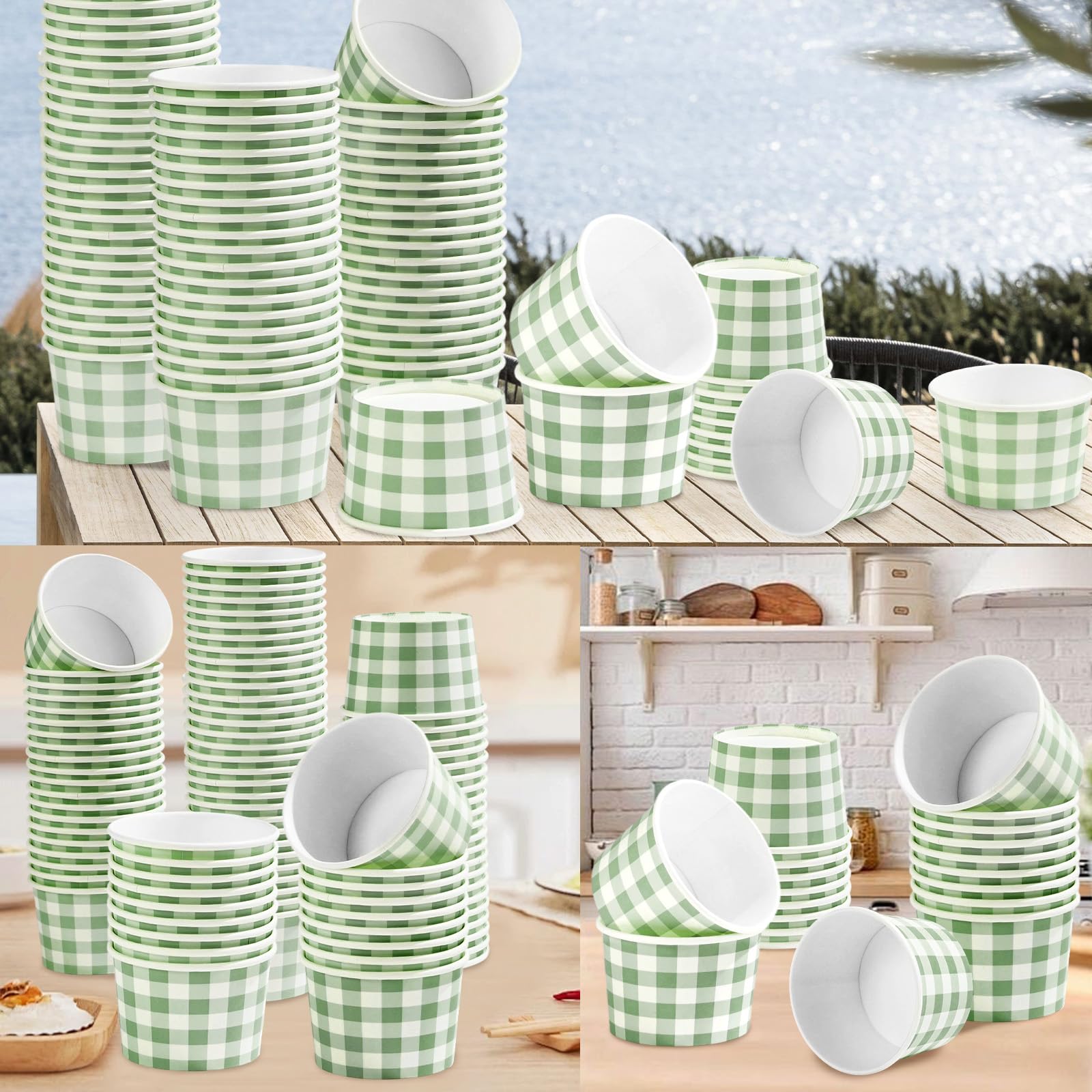 120 Pcs Sage Green Gingham Ice Cream Snack Cup - Grencian