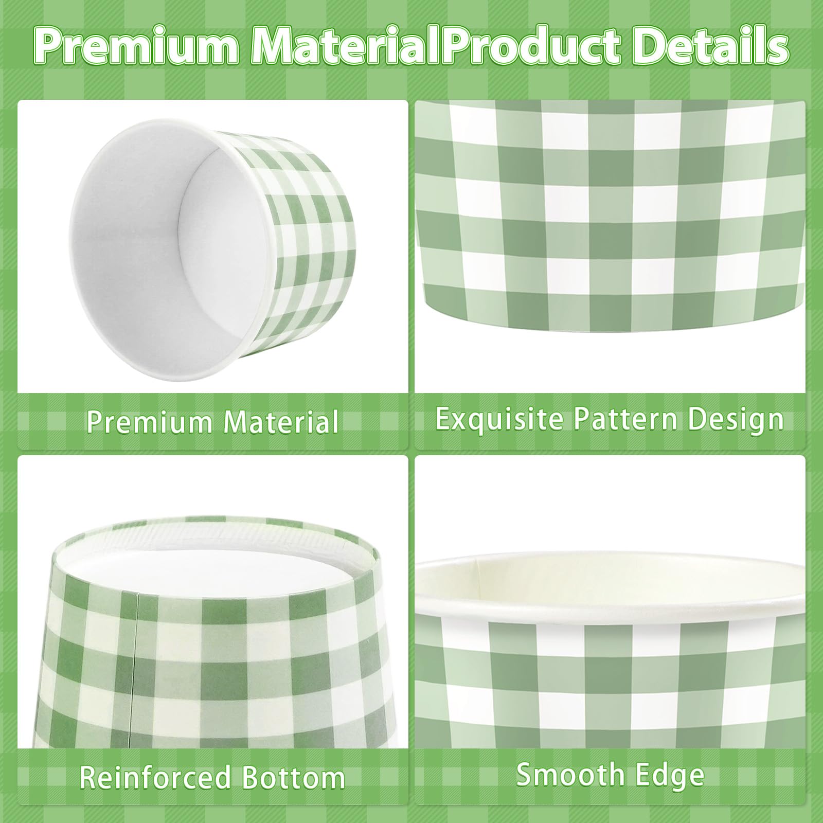 120 Pcs Sage Green Gingham Ice Cream Snack Cup - Grencian