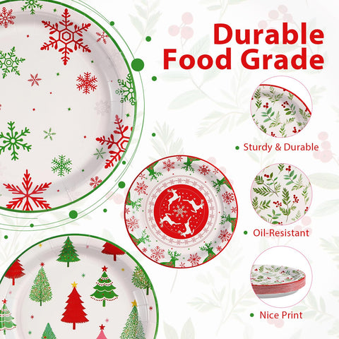 120 Pcs Xmas Snowflake Holly Leaf Party Plates - Grencian