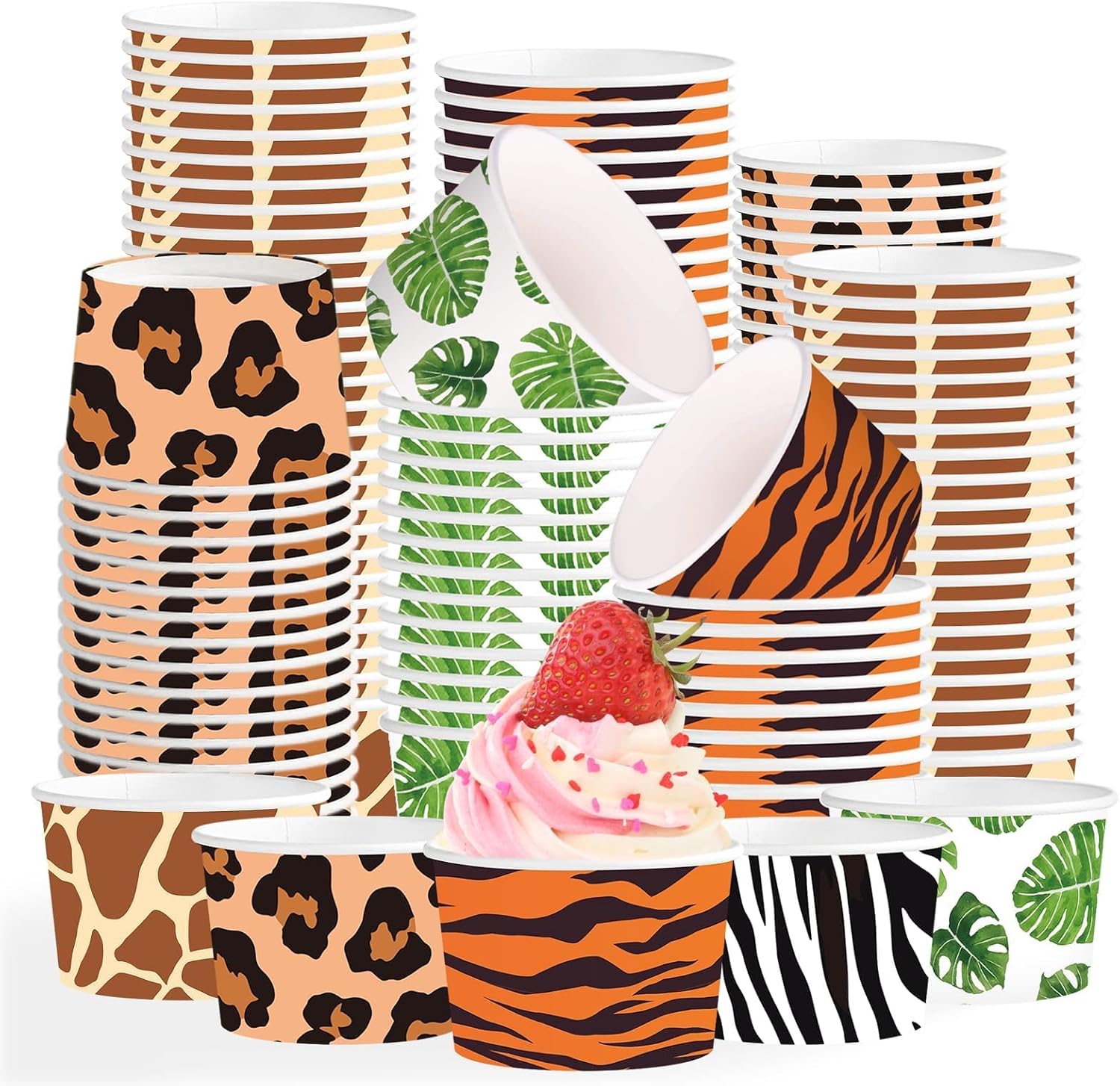 120 Pcs 12 oz Jungle Safari Animal Ice Cream Cups Leopard Tiger Zebra image 1
