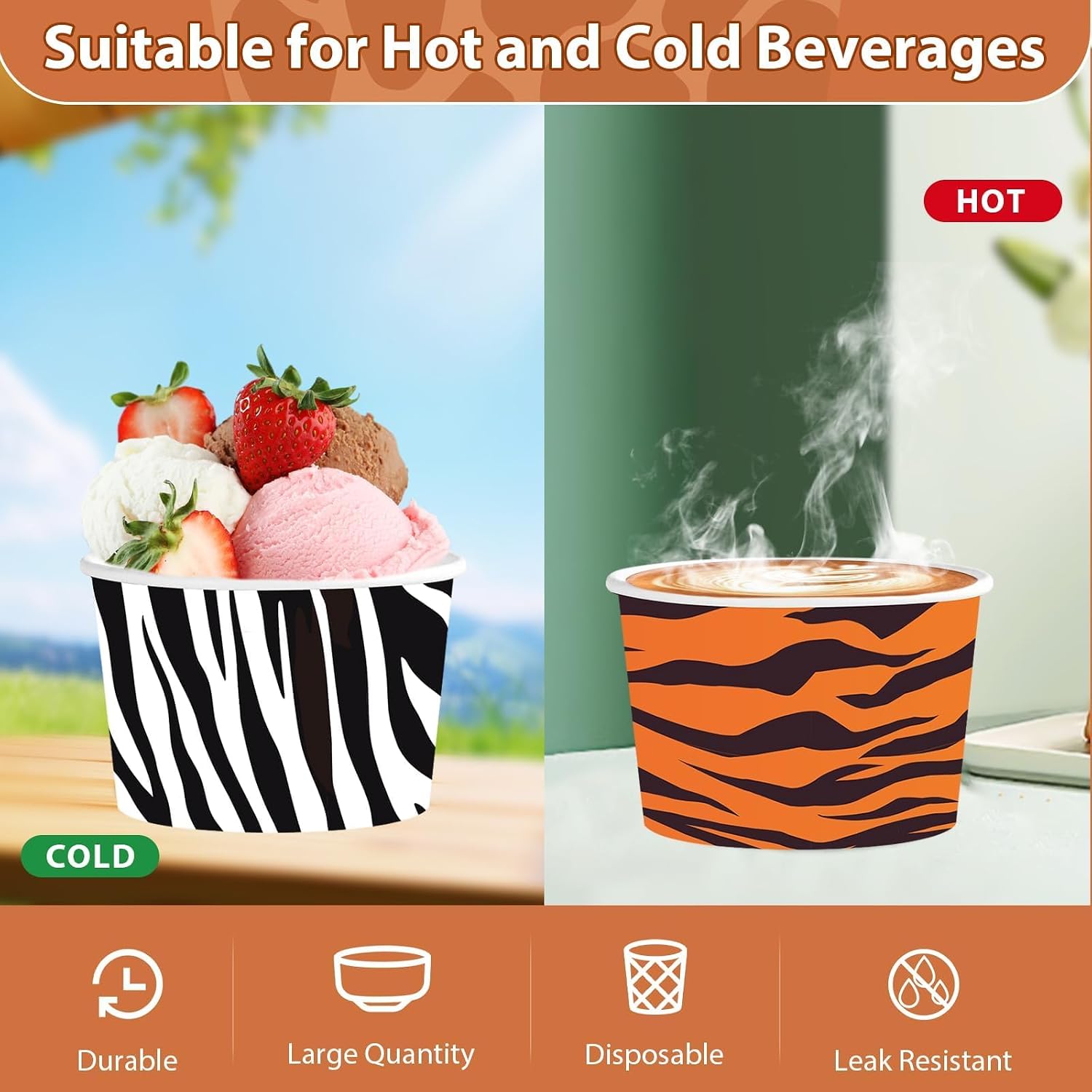 120 Pcs 12 oz Jungle Safari Animal Ice Cream Cups Leopard Tiger Zebra image 4