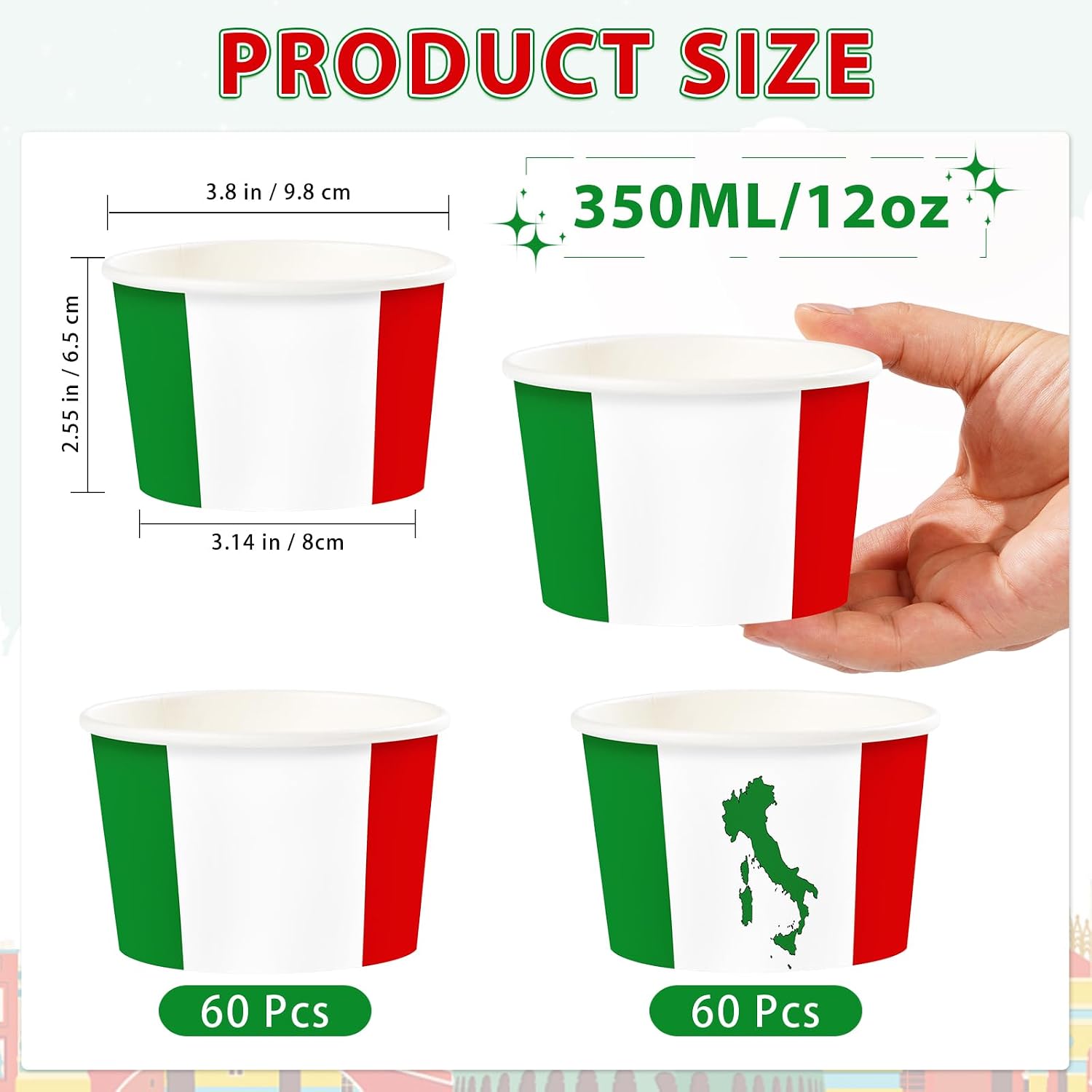 120 Pcs Italian Flag Ice Cream Cups 12 oz Disposable Dessert Bowls image 2