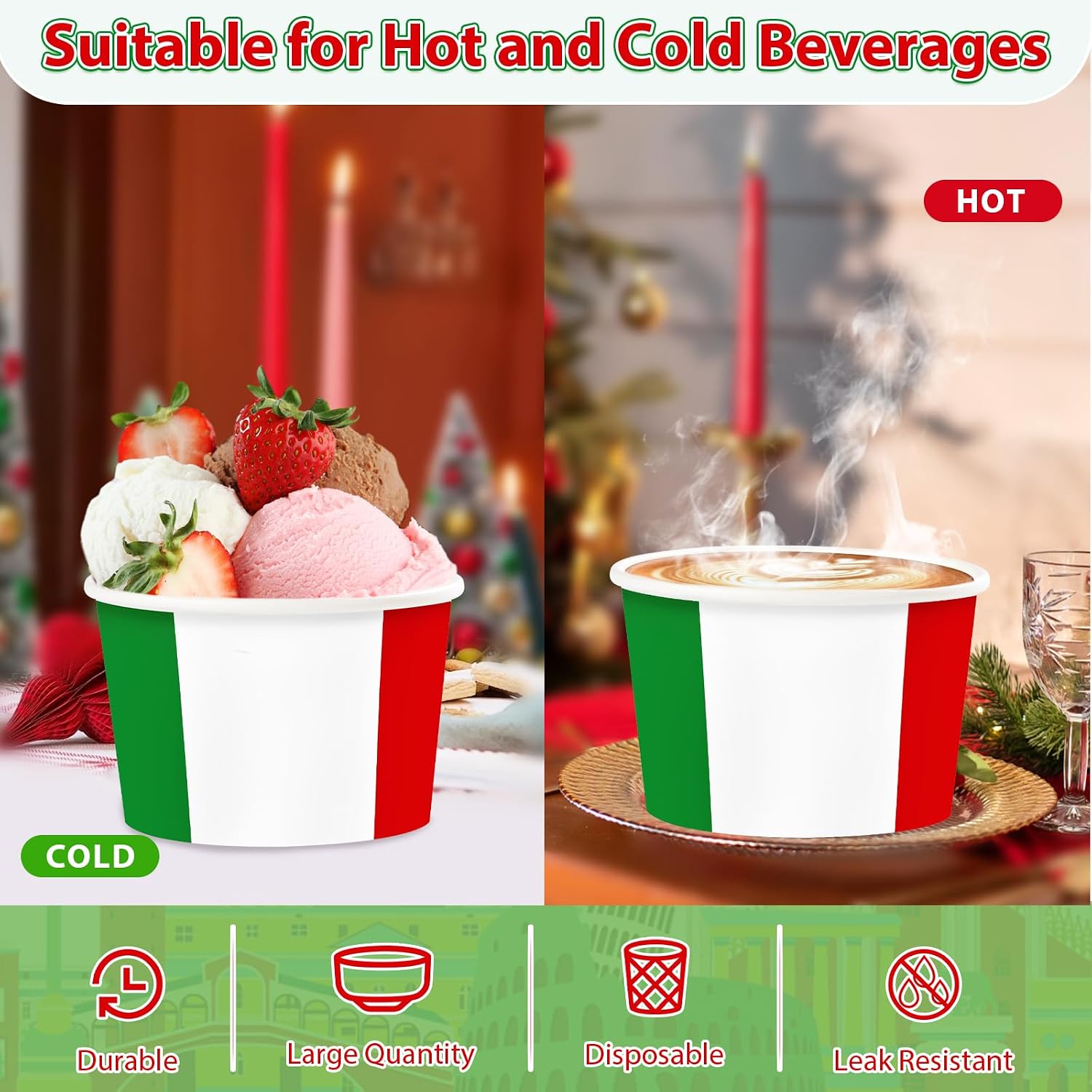 120 Pcs Italian Flag Ice Cream Cups 12 oz Disposable Dessert Bowls image 3