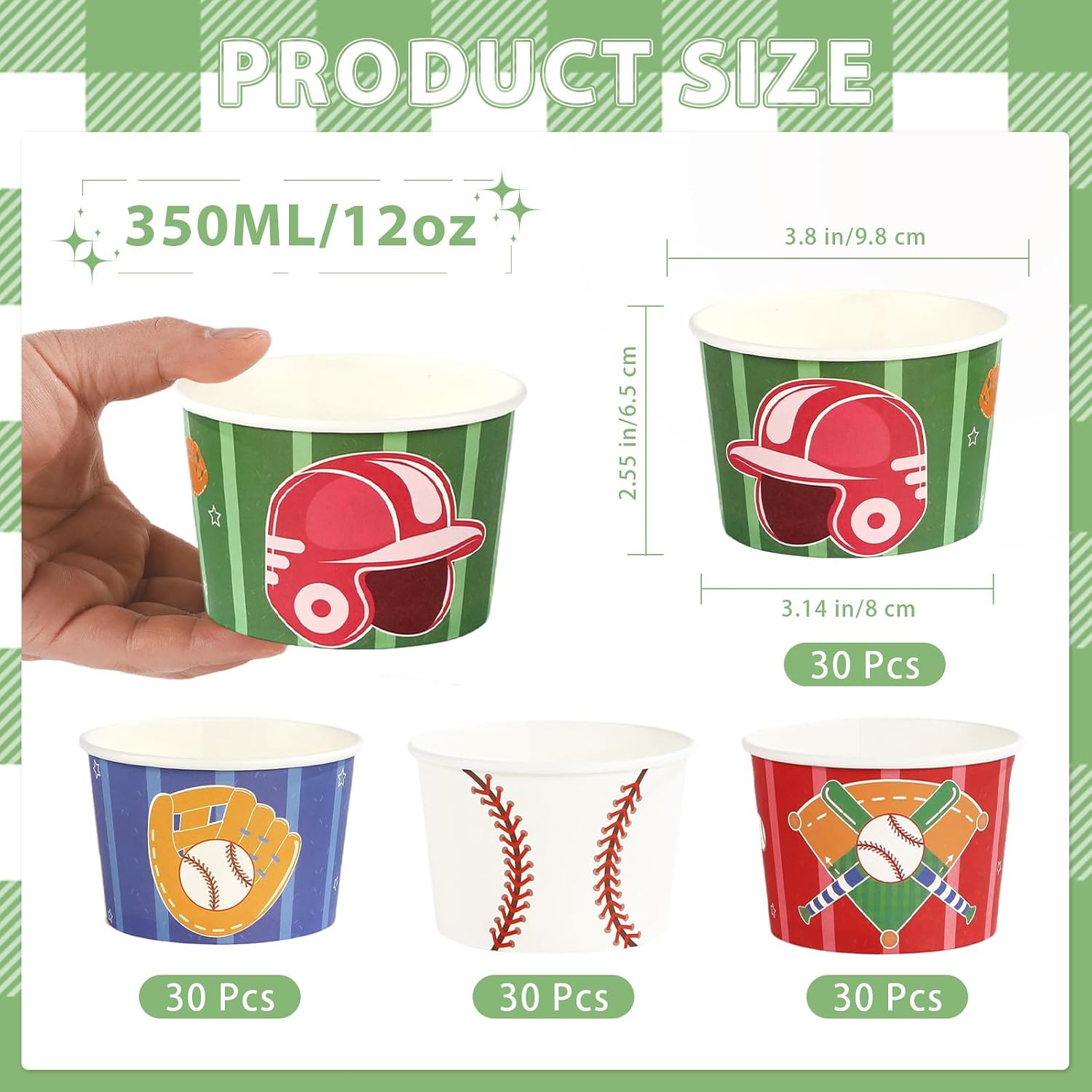 120Pcs 12oz Baseball Party Ice Cream Cups Disposable Dessert Bowls - Grencian