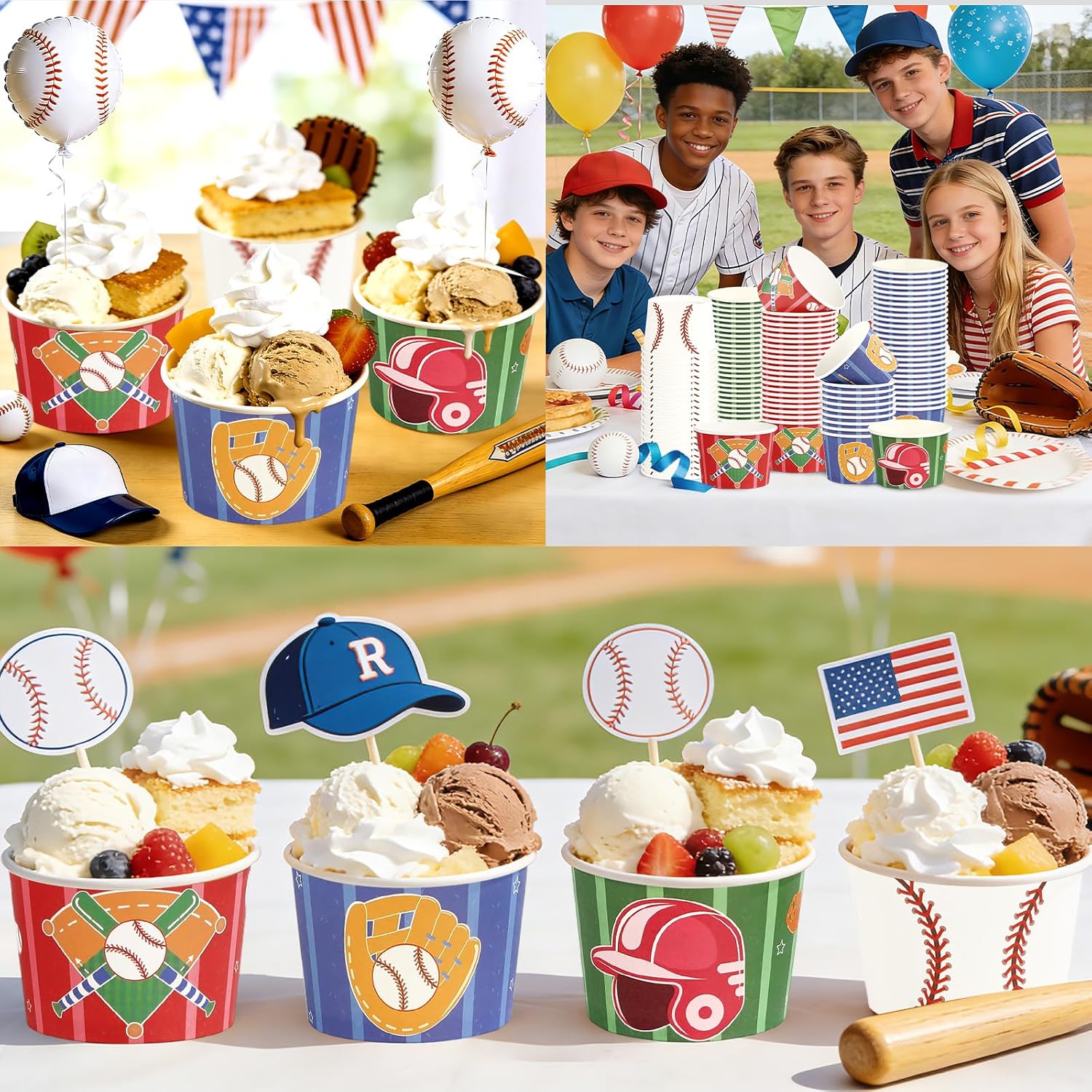 120Pcs 12oz Baseball Party Ice Cream Cups Disposable Dessert Bowls - Grencian